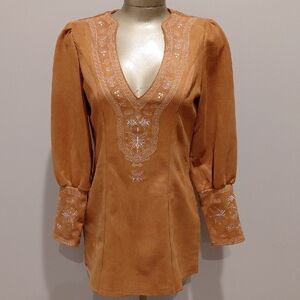 Lavchic Embroidered Tan Faux Suede Mini Dress